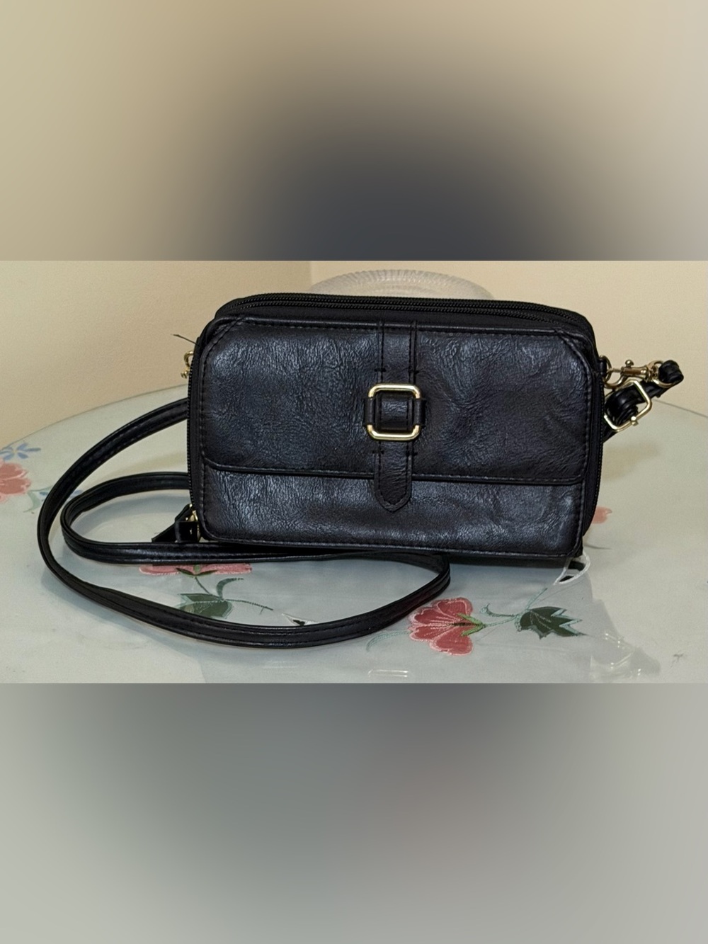 Bueno Black Crossbody Wallet Purse with Buckle Detail